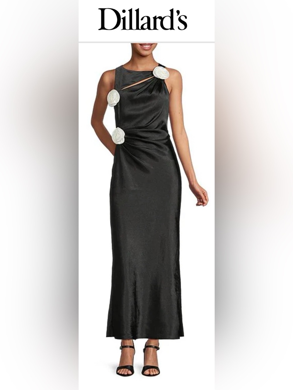 Cheyanne Satin 3D Rosettes Cutout Round Neck Sleeveless Ruched Slip Maxi Dress